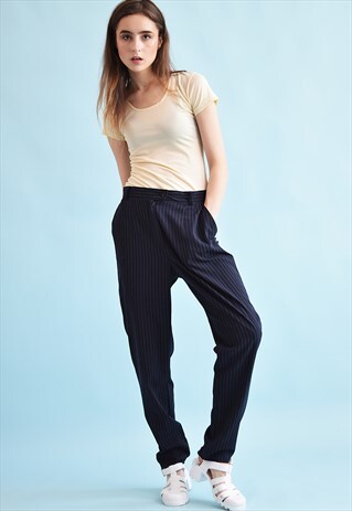90'S RETRO STRIPED NAVY BLUE TAPERED TROUSERS