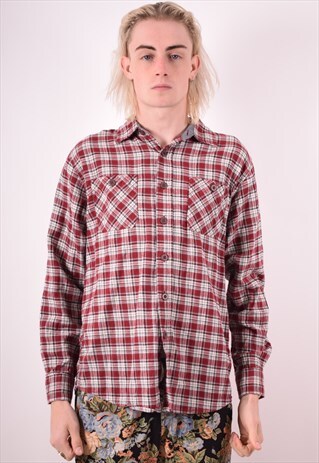 WRANGLER MENS VINTAGE FLANNEL SHIRT MEDIUM MAROON CHECK 90S