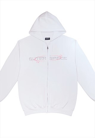 OUTER SPACE EMBROIDERED RHINESTONES ZIPPED HOODIE IN WHITE