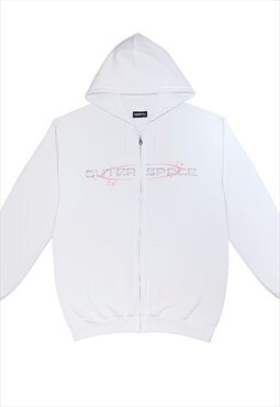 OUTER SPACE embroidered rhinestones zipped hoodie in white