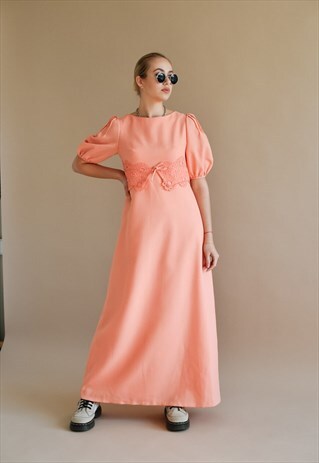 VINTAGE PUFFY SLEEVE LACE DETAIL OCCASION MAXI DRESS PEACH S