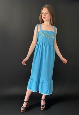 70's Vintage Blue Embroidery Smock Slip Midi Dress