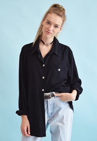 90'S RETRO MINIMALIST NAVY BLUE OVERSIZED SHIRT TOP