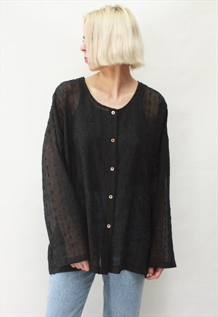 VINTAGE 80' AMAZING ELEGANT TRANSPARENT BLACK BLOUSE