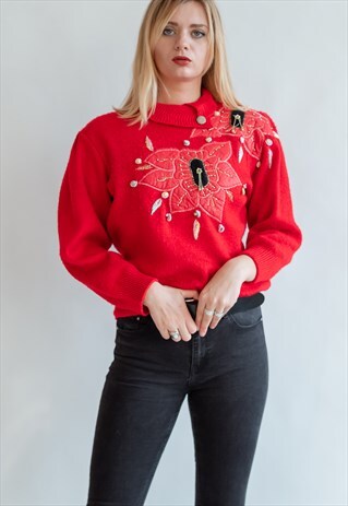 VINTAGE 80S GRAMMAS PARTY JUMPER WITH FLOWER EMBROIDERY