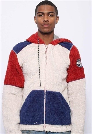 VINTAGE NAPAPIJRI BIG LOGO HOODED FLEECE JACKET BEIGE RED