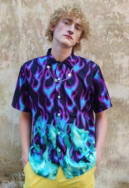 Flame print shirt multi fire graffiti blouse in purple