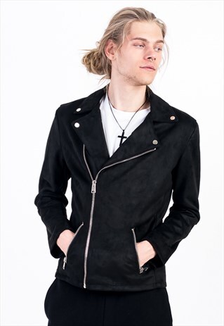SLIM FIT FAUX SUEDE BIKER JACKET IN BLACK