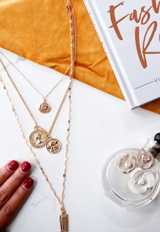 GOLD COIN CHARM MULTI LAYER STATEMENT NECKLACE