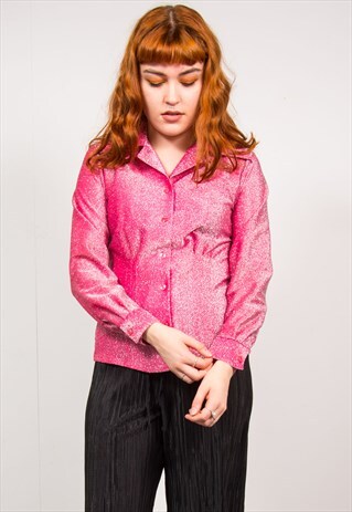 VINTAGE 70'S HOT PINK GLITTERY OPEN COLLAR BLOUSE SHIRT