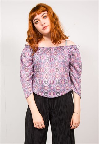 70'S PINK PATTERN GLITTERY OFF THE SHOULDER BARDOT TOP