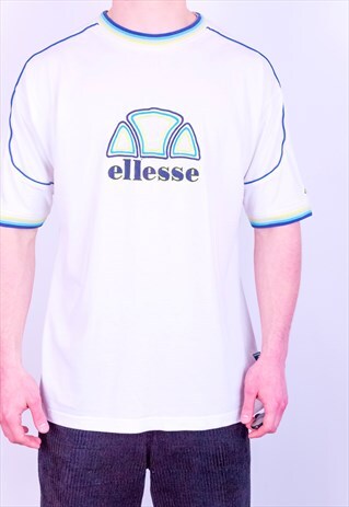 VINTAGE ELLESSE EMBROIDERY SPELL OUT T-SHIRT IN WHITE XL