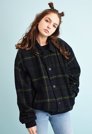 80'S RETRO CHECKED PRINT BOMBER WOOL JACKET