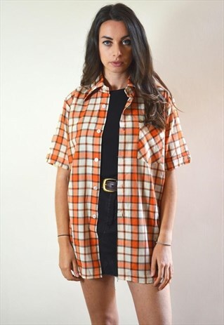 1990S VINTAGE ORANGE SHORT SLEEVE CHECKED SHIRT