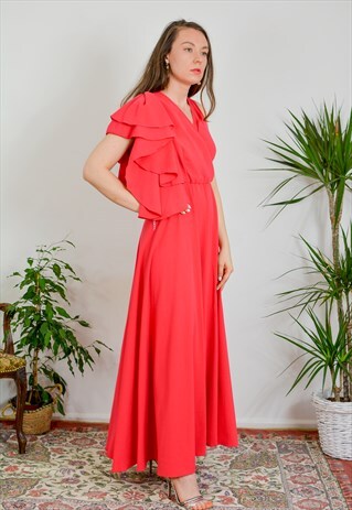 RED EVENING DRESS GOWN PROM MAXI PARTY VINTAGE FRILL M/L