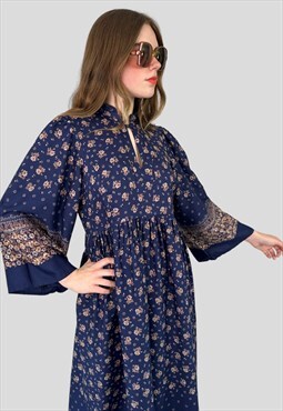 70's Deadstock Vintage Blue Folk Floral Ladies Midi Dress