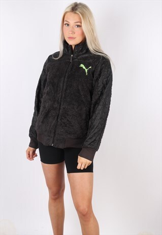 VINTAGE PUMA FLEECE JACKET JUMPER SWEATER BLACK FLUFFY M Y2K