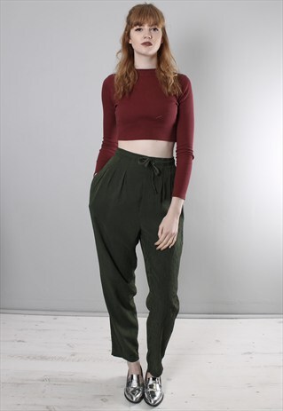 VINTAGE 80S GREEN STRIPE HIGH WAISTED TIE WAIST TROUSERS
