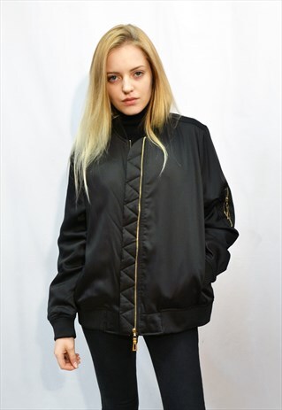 BLACK SATIN BOMBER JACKET WITH QUILT LINING
