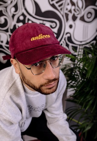 BURGUNDY MAROON RED CORDUROY CAP HAT WITH GOLD EMBROIDERY