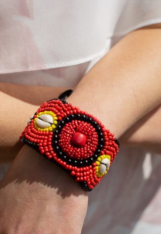 BOHEMIAN JEWELLERY RED BEADED HANDMADE BRACELET TIE BACK