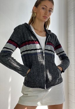 Vintage Y2k Knitted Hooded Jumper Top Stripe Sporty