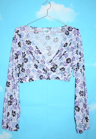VINTAGE 90'S FLOWER POWER PRINT LONG SLEEVE WRAP CROP TOP