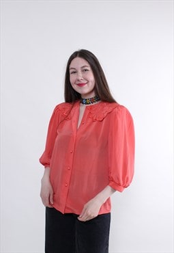 Orange lace blouse, puff sleeve sheer secretary blouse