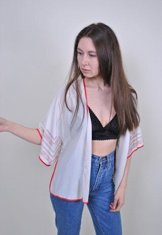 VINTAGE WHITE HIPPIE BLOUSE, 80S RETRO BOHO SHIRT