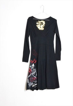 Y2K Iconic Desigual Black Graphic Butterfly Love Midi Dress
