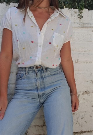 VINTAGE WHITE FLORAL EMBROIDERED COTTON SHIRT