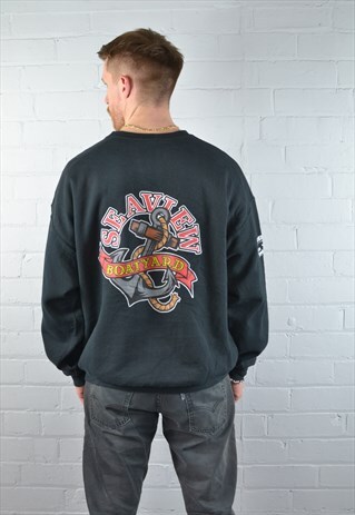 VINTAGE BLACK "SEAVIEW BOATYARD" PRINT SWEATSHIRT