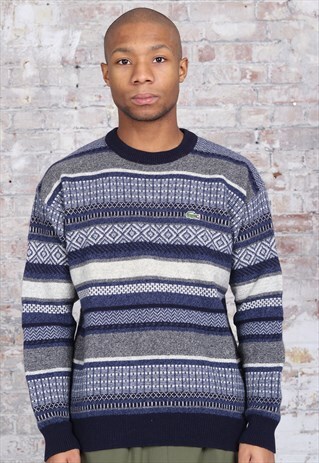 VINTAGE LACOSTE STRIPED LOGO KNIT JUMPER WHITE AND BLUE