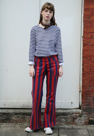 70S VINTAGE RED & NAVY STRIPE FLARED TROUSERS