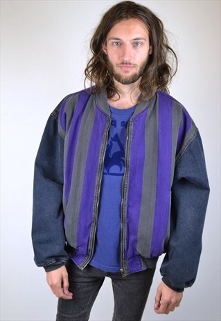 VINTAGE 90'S STRIPED DENIM BOMBER JACKET