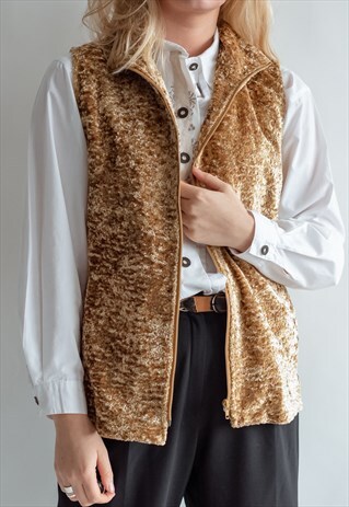 VINTAGE 80S CRUSHED VELVET ZIP UP VEST IN GOLD