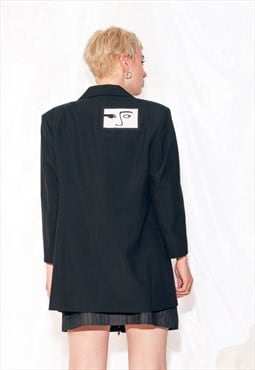 Vintage Blazer 80s Reworked Graphic Patch Jacket in Black