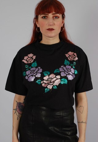 VINTAGE 80S METALLIC FLORAL PRINT T-SHIRT