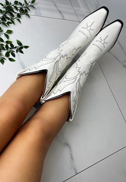 Cowboy Boots White Mid Calf Western Cowgirl boots - Wide fit