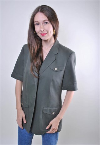 VINTAGE SHORT SLEEVE MINIMALIST WOMAN GREEN BLAZER, SIZE L