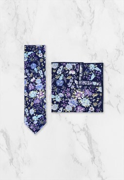  Navy Blue Cotton Floral Wedding Tie & Pocket Square Set