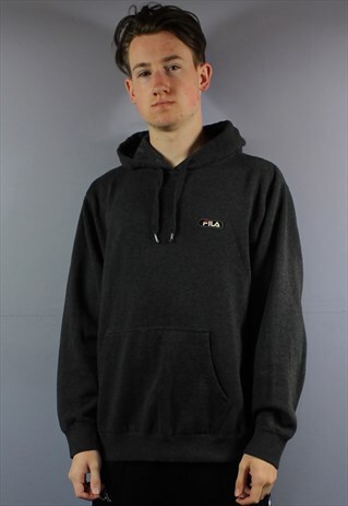 VINTAGE FILA HOODIE IN GREY WITH RUBBER PATCH LOGO AND POUCH