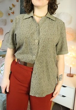 Vintage 90s Brown Geometric Abstract Pattern V Shirt Blouse