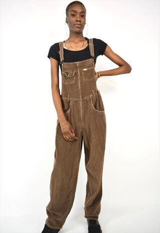 VINTAGE 90'S BROWN CORDUROY DUNGAREES WITH FRONT ZIP