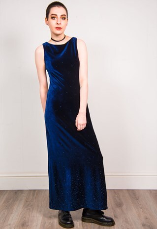 VINTAGE 90'S NAVY BLUE VELVET GLITTER DETAIL MAXI DRESS