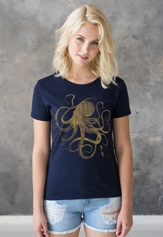 JAPANESE ART OCTOPUS T SHIRT CALLIGRAPHY PRINTED TEE WOMEN