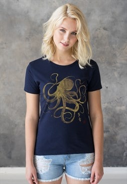 Japanese Art Octopus T Shirt Calligraphy Printed Tee Women