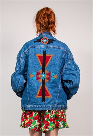VINTAGE BLUE DENIM AZTEC DETAIL OVERSIZE FESTIVAL JACKET
