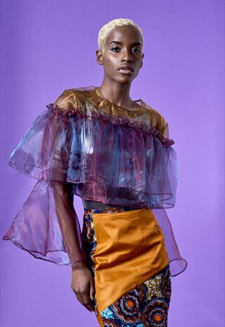 MADINGA PURPLE & GOLD RUFFLE SHEER ORGANZA CROP TOP