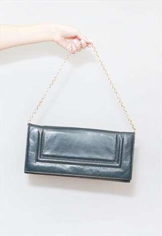 VINTAGE 1970'S NAVY BLUE LEATHER CHAIN STRAP SHOULDER BAG